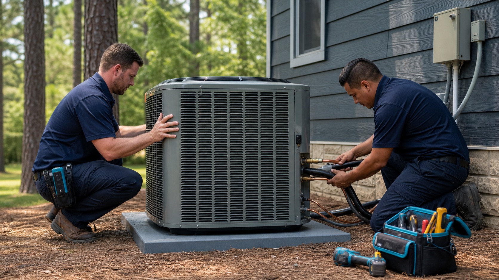 Technicians installing a residential air-conditioning condenser